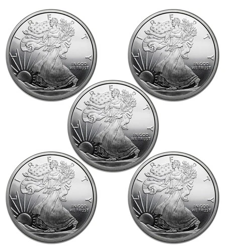 Lot of Five (5) 0.10 (1/10) Troy Ounce .999 Silver Walking Liberty Round