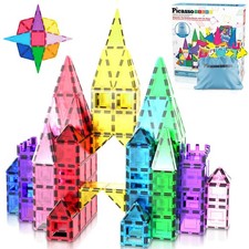 PicassoTiles Magnet Tile Building Blocks with Car Base Drawstring Storage Tra...