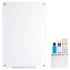 Magnetic Glass Whiteboard 48"x32" Frameless Dry Erase Board With Tray