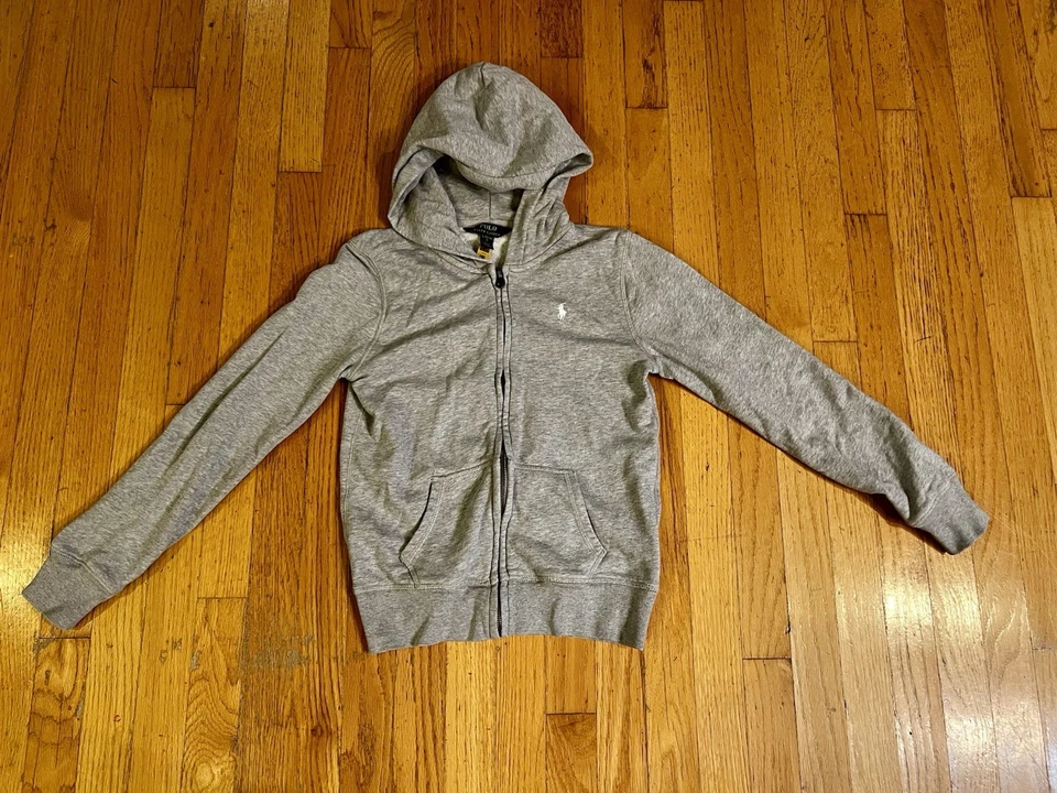 Suéter Polo Ralph Lauren cinza com capuz juvenil 12/14 L branco pônei zíper completo - Imagem 2 de 4