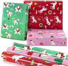 ZICOTO Christmas Unicorn Wrapping Paper Set of 3 – Cute Festive Gift Wrap Rolls