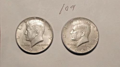 KENNEDY HALVES, TWO COINS, 1964-D, 1964-D  90% SILVER,  ----109
