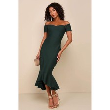 Lulu's How Much I Care Dark Green Off-the-Shoulder Midi Dress Size Small