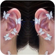 Butterfly Ear Cuffs Earrings Rhinestone Wrap No Piercing Silver