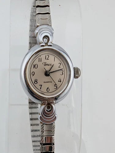 Vintage Timex Dress Watch Women 17mm Case Silver Stretch Band- New Battery