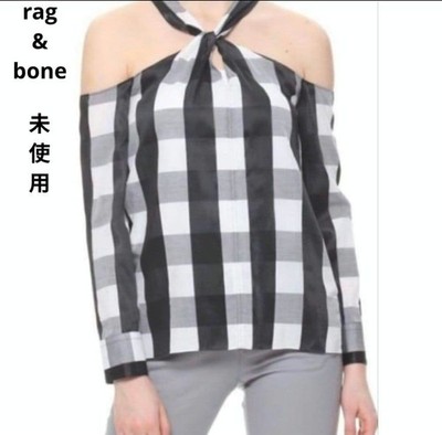 rag & bone Gingham Check Cold Shoulder Top XS Black White
