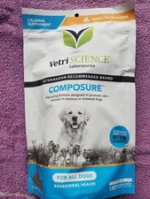 New VetriScience Composure/Calming For Pets 120 Chews Peanut Butter Exp 2/26