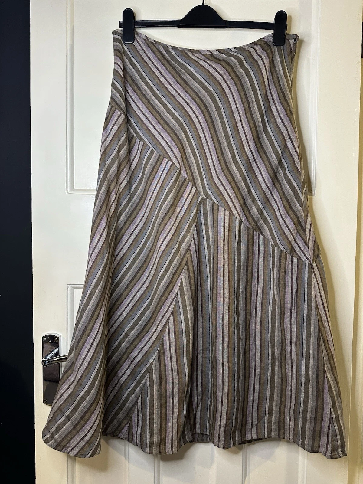 East 100% Linen Striped Earth Tone Maxi Skirt Size 14 Y2K Hippie Boho