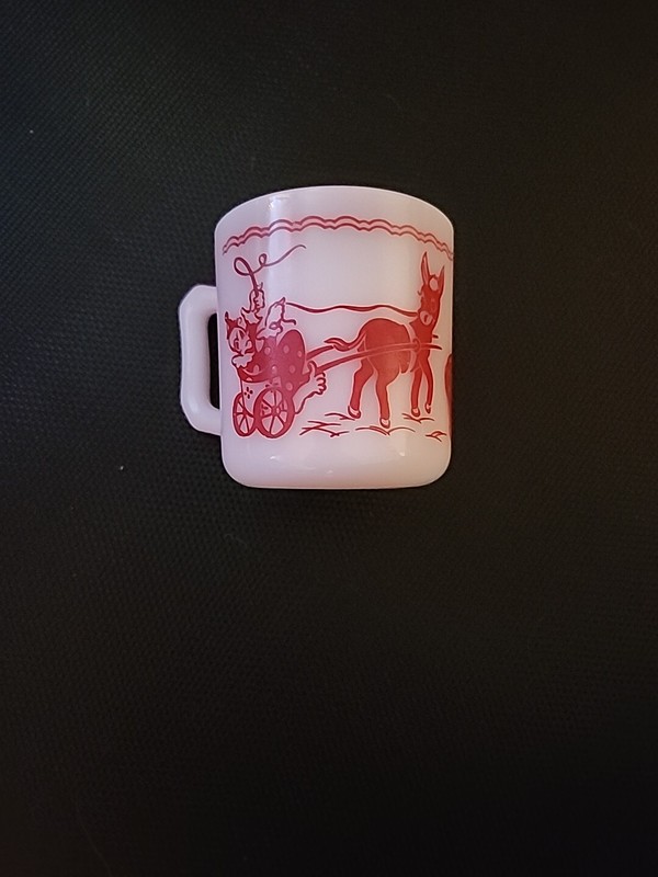 Vintage Hazel Atlas Circus, Clowns, Donkey Child's Cup 1950's Milk Glass Mug