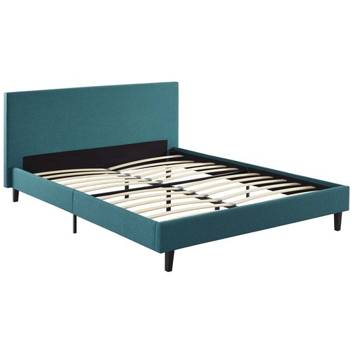 Full Size Upholstered Fabric Platform Bed Frame With Wood Slats in Teal - Picture 3 of 5