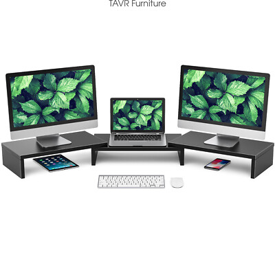 TAVR Adjustable Wood Dual Monitor Stand Riser Desk Organizer, 3 Shelf