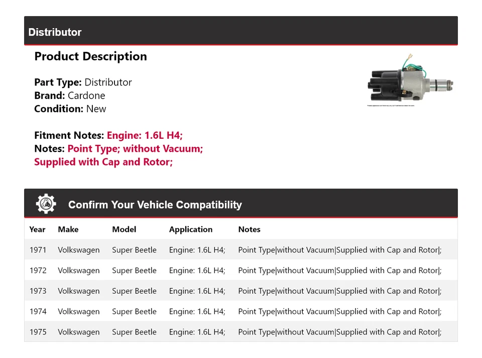 Для 1971-1975 Volkswagen Super Beetle 1,6 л H4 дистрибьютор Cardone 1972 1973 1974 - Изображение 2 из 4