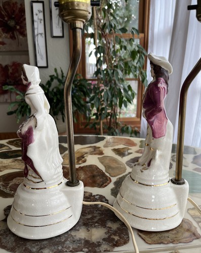 Vintage Boudoir Lampen Paar Mann Frau Kolonial handbemalte Farbtöne nicht enthalten - Bild 5 von 18