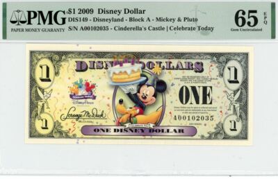 2009 $1 Disney Dollar Mickey & Pluto PMG 65 EPQ (DIS149)