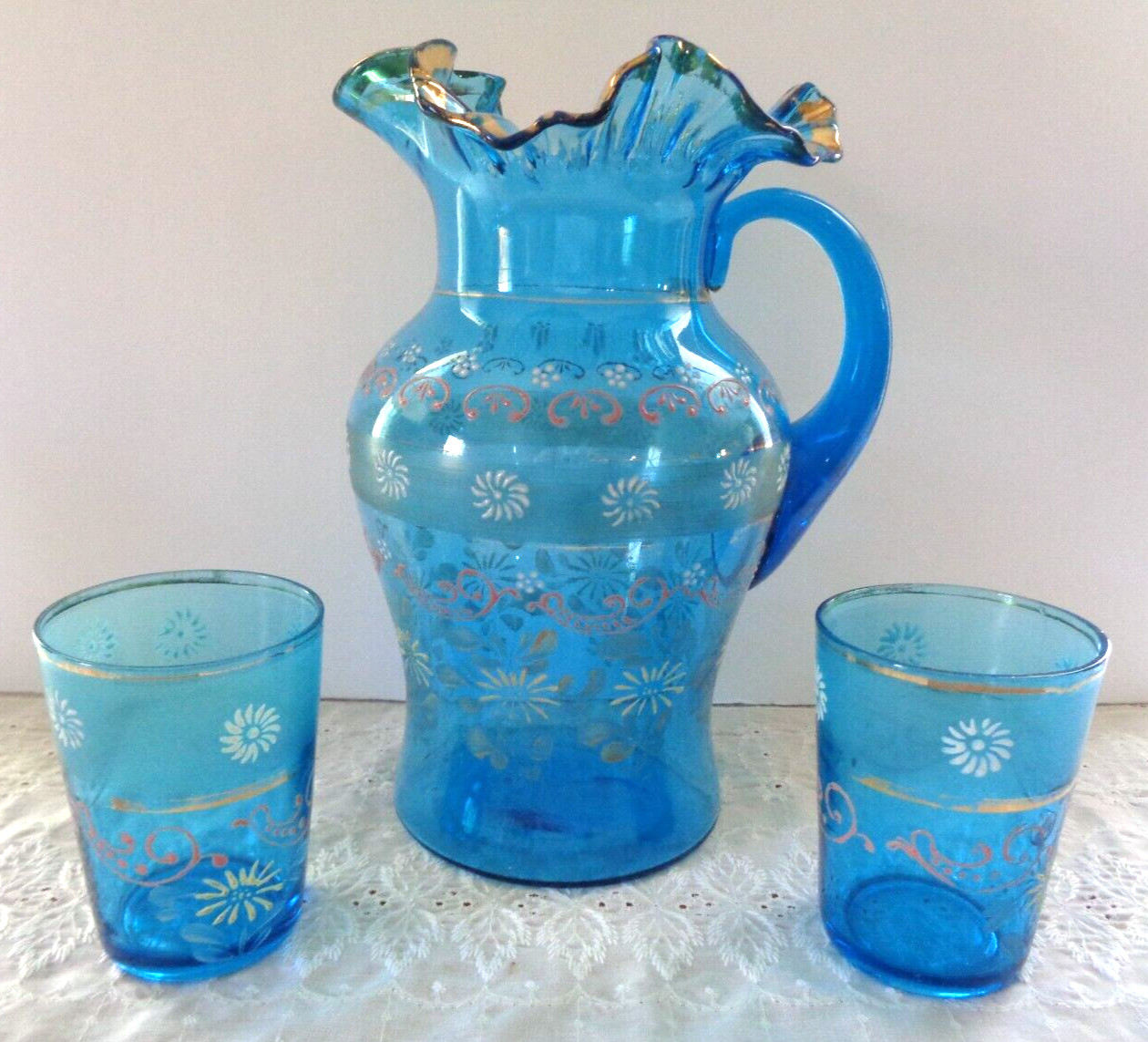 Art Glass Pitcher & Tumblers Vintage Lemonade Set-Handpainted-Ruffled Rim-Teal