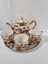Vtg Chinese Teapot Set with Plate 3 Cups Dragon and Phoenix Gold Trim