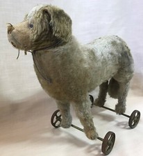 Steiff Early 1900's, St Bernard, Antique Pull Toy Cast Iron Wheels Glass Eyes