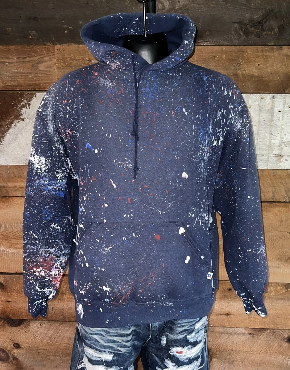 Vtg 90s Russell Athletic Hoodie USA Sz XL Faded Navy Blank Paint Splatter Skate