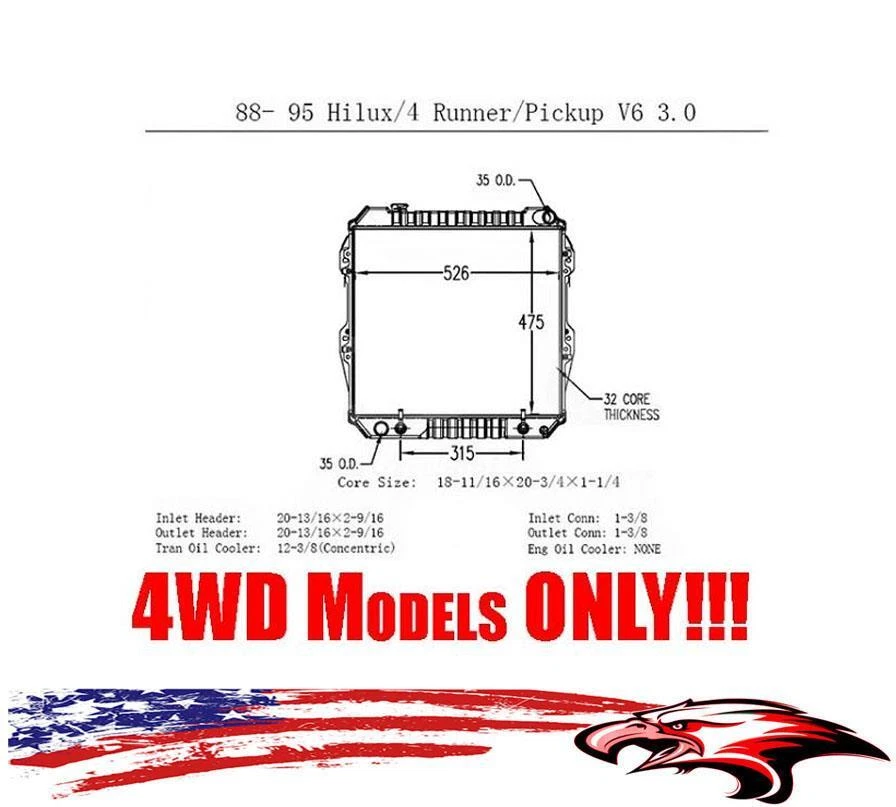 Radiator Fits Toyota 4RUNNER & PICKUP 3.0L 4 Wheel Drive 1988-1995 - Image 3 of 4