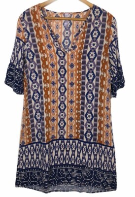 ALYA Francesca's Tunic Dress 3/4 Sleeve Purple Orange Aztec Boho USA Medium 6