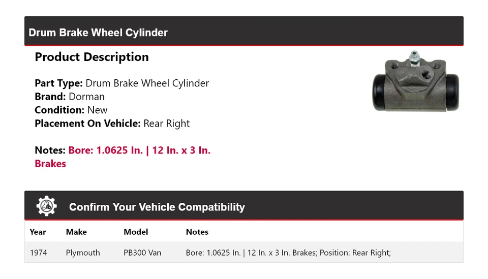 Cilindro de rueda de freno de tambor trasero derecho para camioneta Plymouth PB300 1974 Foto 2 de 3