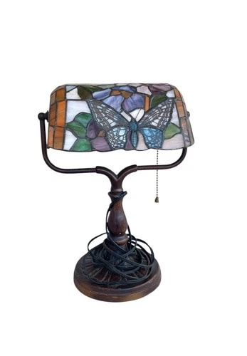 Vintage Stained Glass Butterfly Flower Tiffany Style Banker’s Desk Lamp