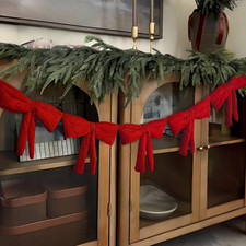 Red Velvet 6 Foot Bow Garland with 6 Bows for Christmas Tree and Fireplace