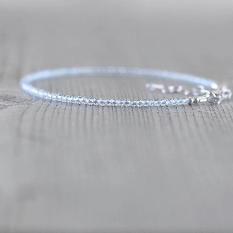 2MM Blue Topaz Faceted Round Gemstone Beads Women Handmade Dainty Bracelets 6-8" - Image 3 of 4