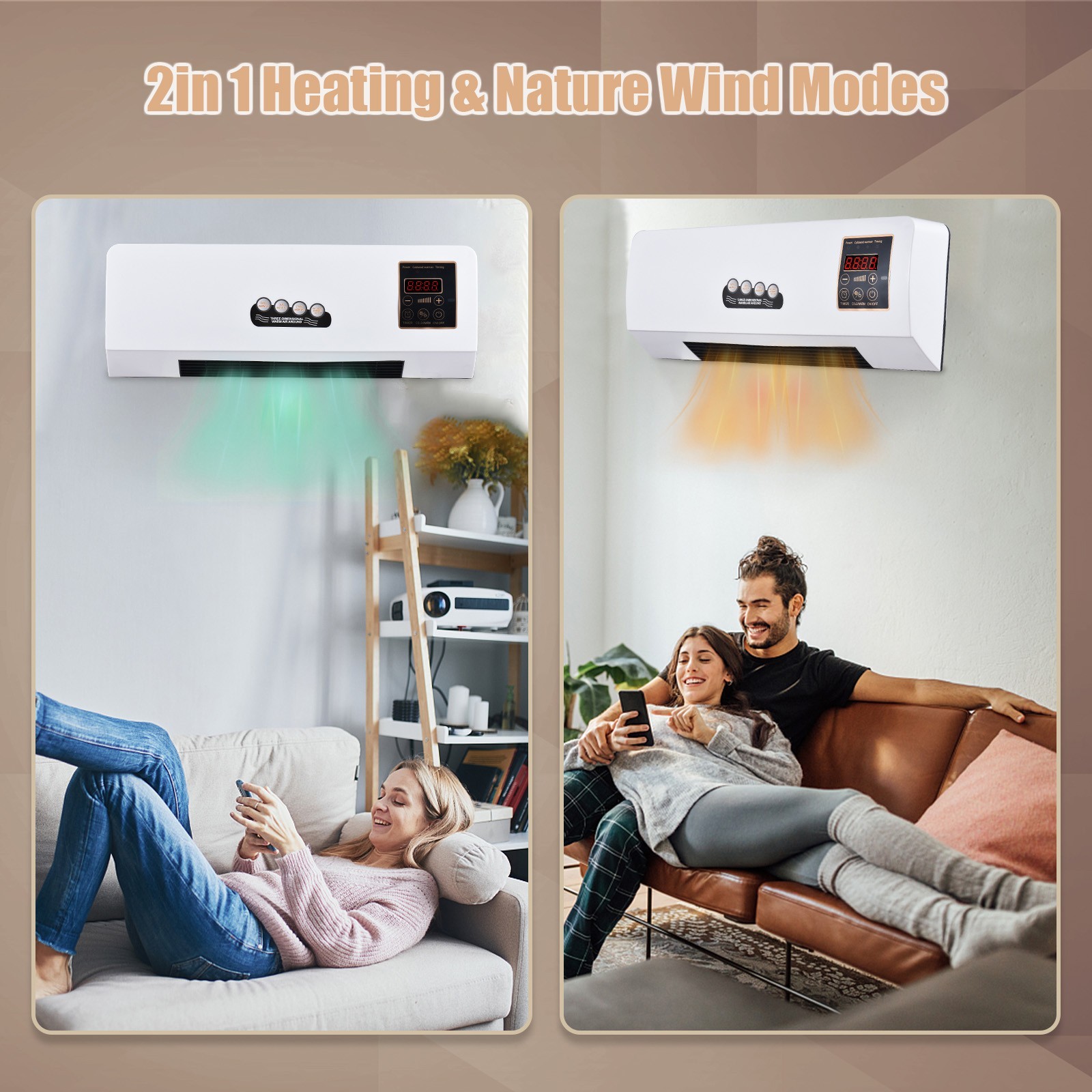 Heater And Fan Combo Indoor 2-in-1 Timing Function Dual Use Wall Mounted Home