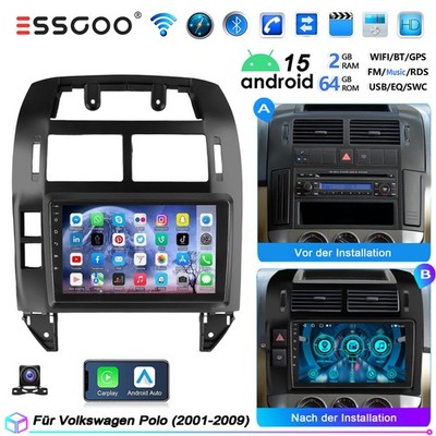 Für VW Polo 9N 2001-2009 2+64G Android 15 Carplay Autoradio GPS Navi WIFI FM KAM