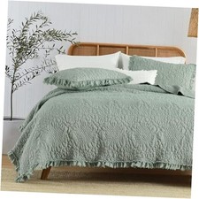 Ruffled Quilt Queen Size, Stone-Washed Full/Queen 90"x 96" Sage Green