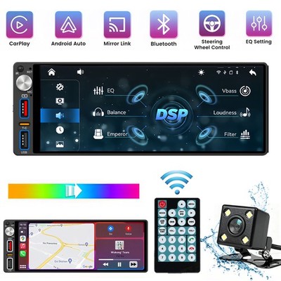 Single 1 Din Wireless Carplay Car Stereo Radio Bluetooth Touch Screen w/Camera