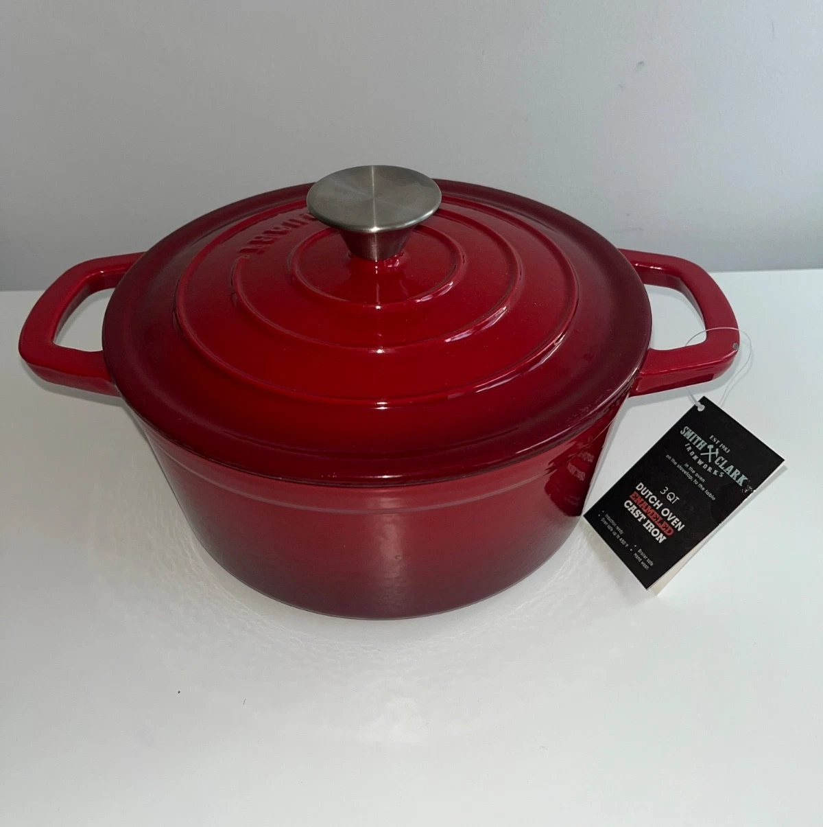 Smith & Clark Cast Iron 3 qt Dutch Oven Red Enamelled with Lid, Oven-safe, NEW