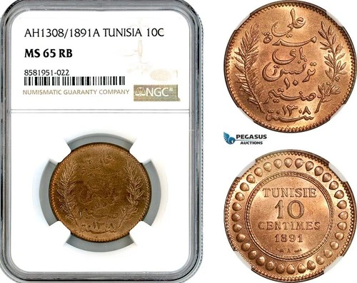 AL107, Tunisia, French Protectorate, 10 Centimes AH1308 // 1891- A, NGC MS65RB