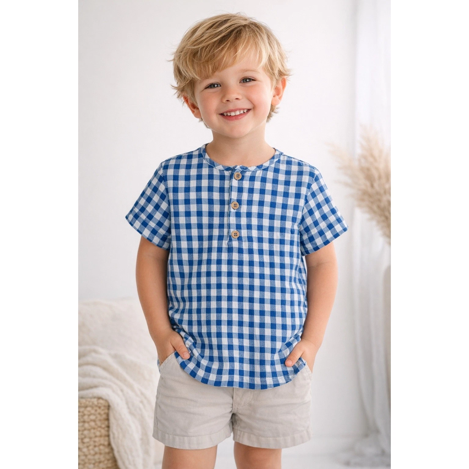 Mumu Mini Tate Shirt Kids 5T Blue Gingham Check Henley Short Sleeve