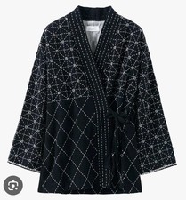 Toast Embroidered Diamond Jacket Kimono Size Medium Black White Sleeves Wrap Tie