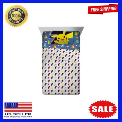 Pokemon Kids Twin Sheet Set, Gaming Bedding, Blue and Yellow
