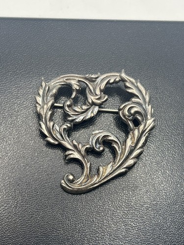 sterling silver victorian revival rococo heart brooch pin scroll design vintage - Picture 2 of 13