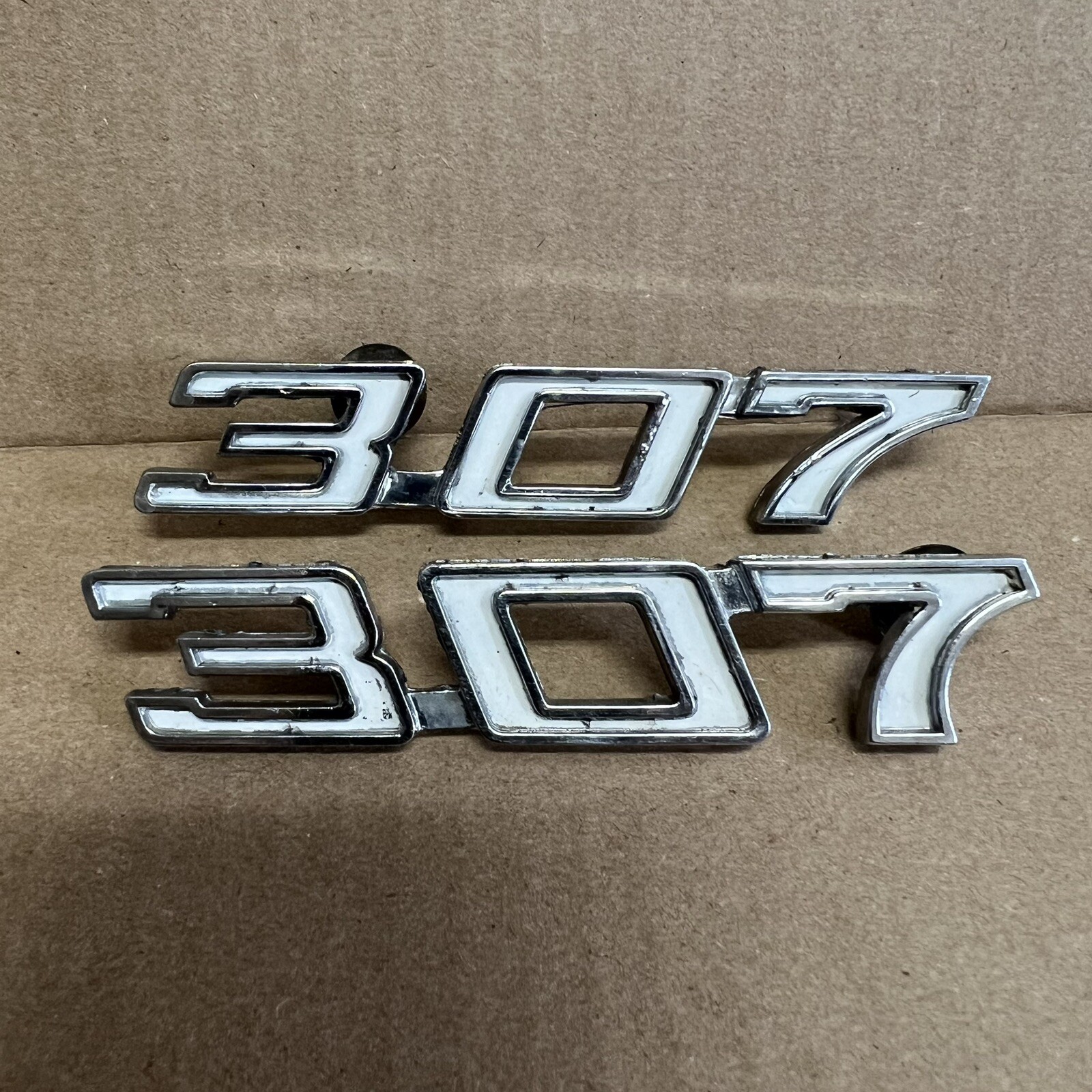 PAIR Chevrolet 307 Fender Emblems, Left & Right, Nova Chevelle Camaro ...