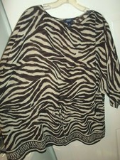 Chaps Sz 1X Brown/Bone Animal Print Semi-Sheer Tunic Kaftan Drawstring Batwing