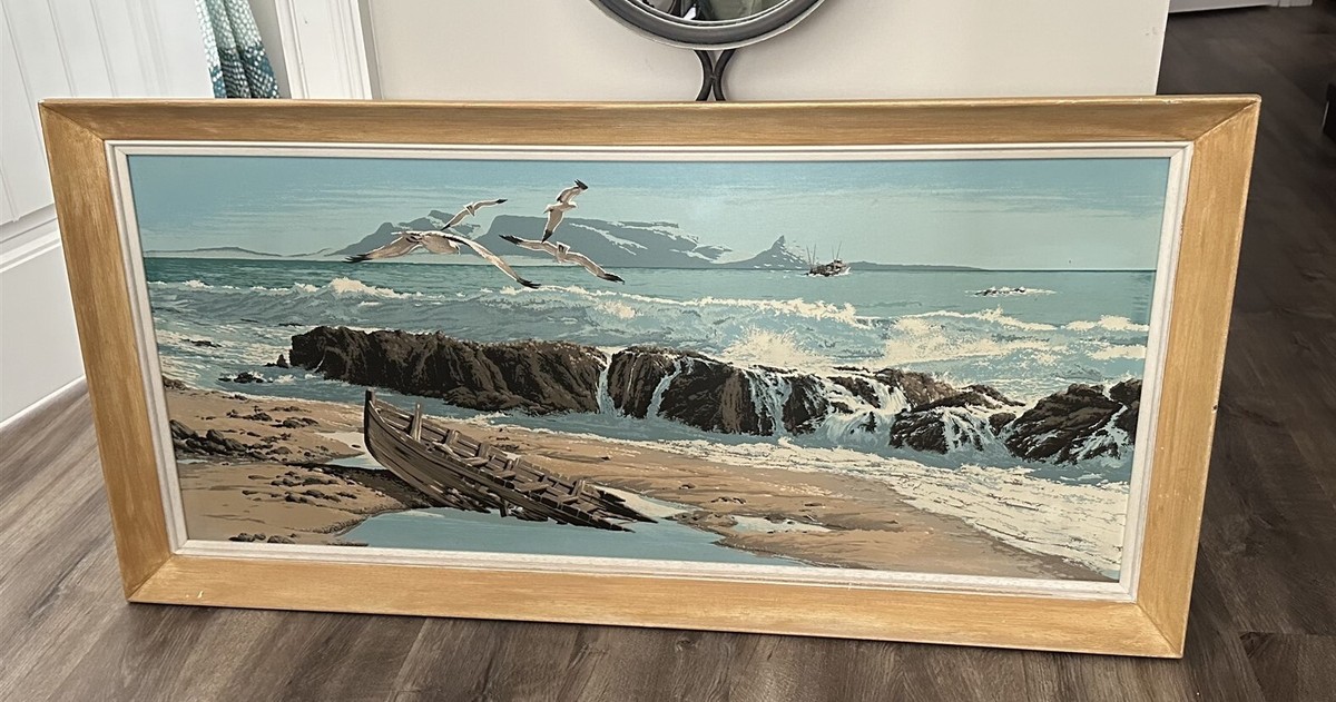 Mid Century James Bunnell Framed Art Seascape Large Sofa Size