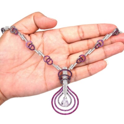 Estate CZ Diamond Pink Sapphire Amethyst 18K Gold Plated Necklace  Silver