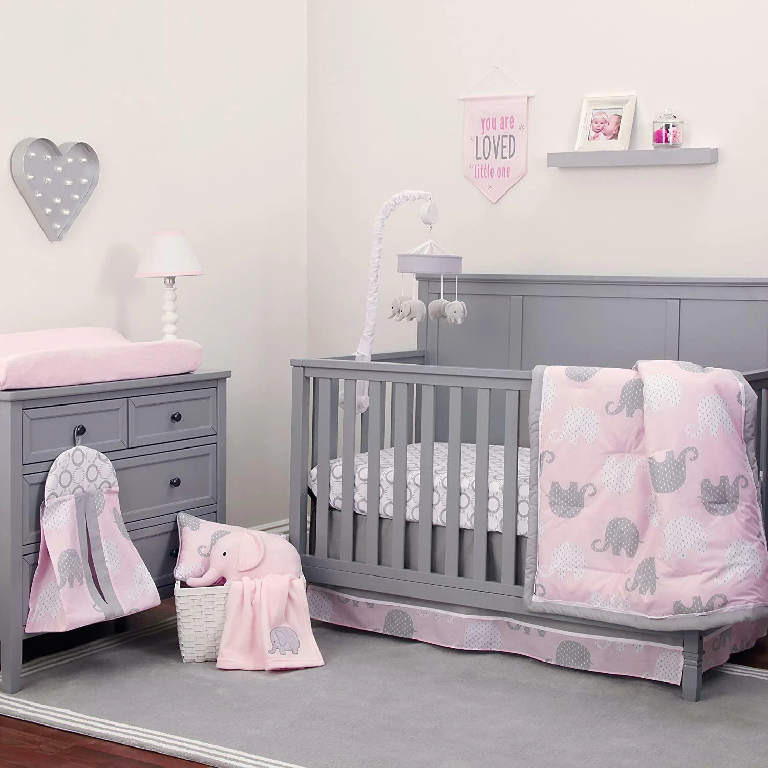 Baby Crib Bedding Set 8-Piece Elephant Nursery Girls Comforter Sheets Pink Grey