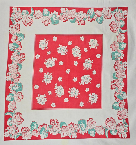 Vintage Printed Tablecloth Red Pink Teal Floral 46" x 48" Cotton Farm Fresh