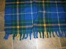 Vintage Blue  Green Plaid Blanket with Fringe 62" x 94"