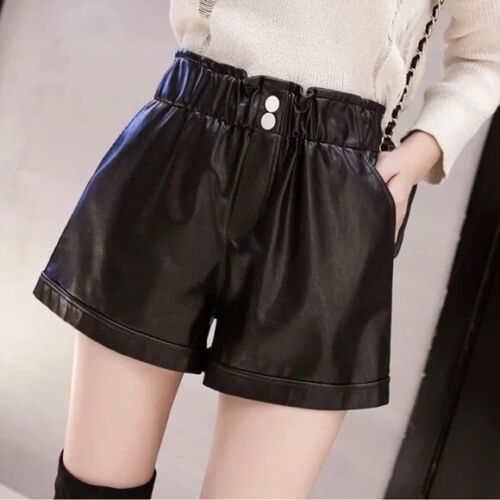 Women's Faux Leather Straight Wide Leg Leather Shorts Loose Elastic High Waist - Picture 3 of 8