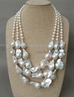 3 Rows 7-8mm 15-23mm White Freshwater Huge Keshi Baroque Pearl Necklace 17-19''