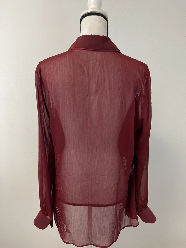 Topshop Shirt Womens Size 6 Button Up Red Chiffon Transparent Tunic Lace N204 - Image 4 of 4