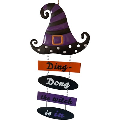 Halloween Metal Wall Hanging Witch Hat Ding Dong The Witch Is In 24'' 