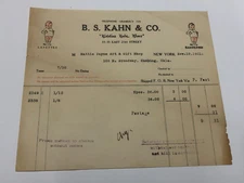 New York B. S. Kahn & Co. Kiddies Kute Kloes 1921 Invoice